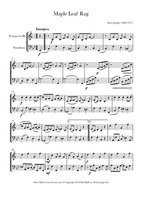 Five Ragtime Duets By Scott Joplin For Trombone